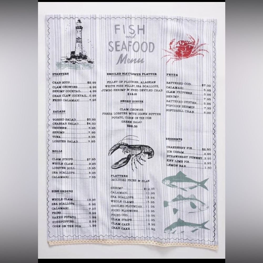 Anthropologie Fish and Seafood MANILA MENU Dish Towel NEW Sold Out Coastal Food